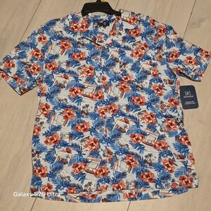 B042 George Men's Tropical Floral Shirt - Blue and Red
